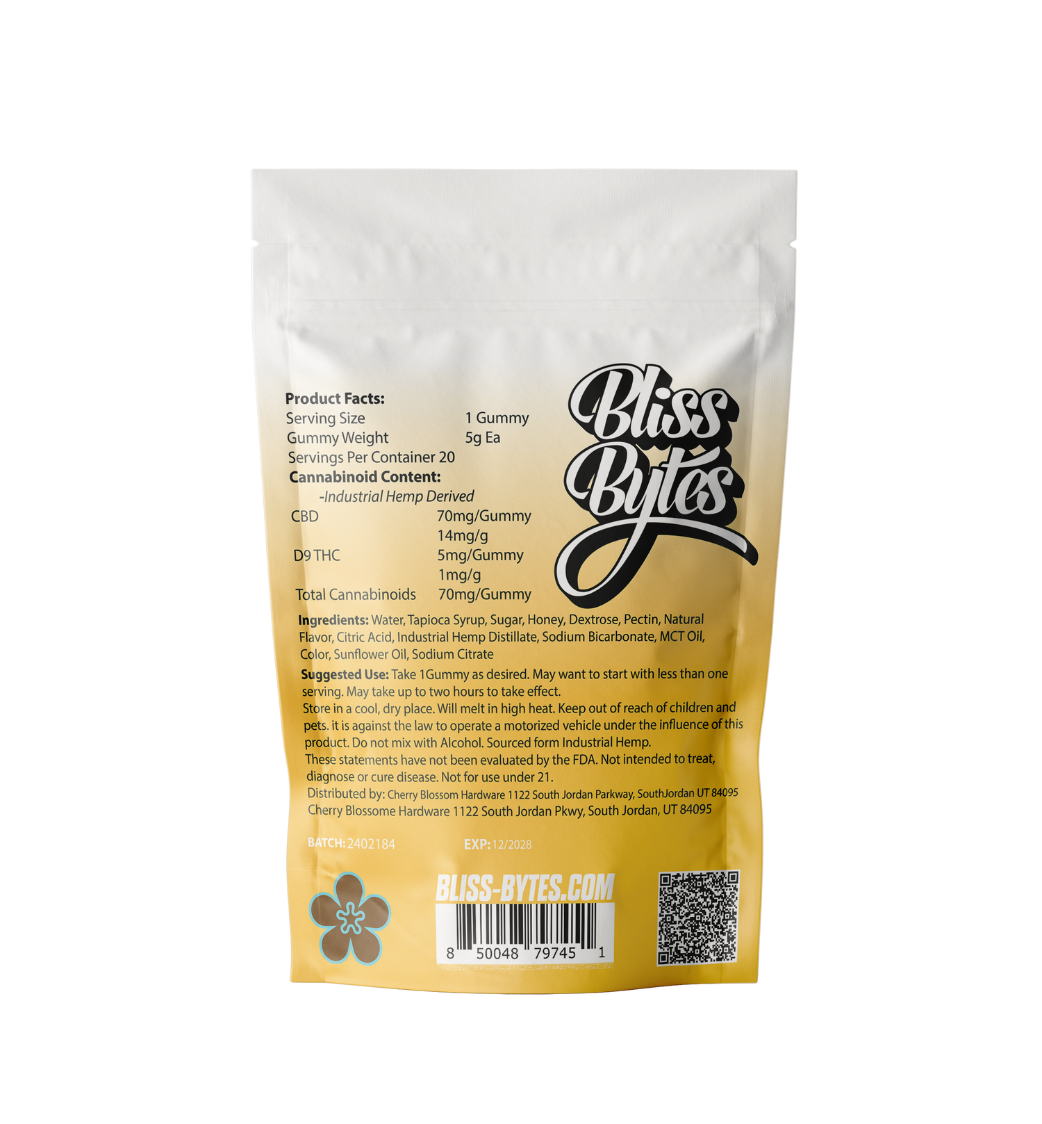 Piña Colada CBD Gummies with D9 - 5mg THC + 70mg CBD - 20 Ct